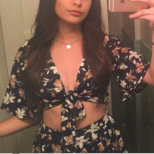 Fashion Nova Navy Floral Tie-Front Blouse